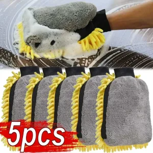 "Microfiber Car Washing Gloves - Waterproof Chenille Mitt & Detailing Brush
